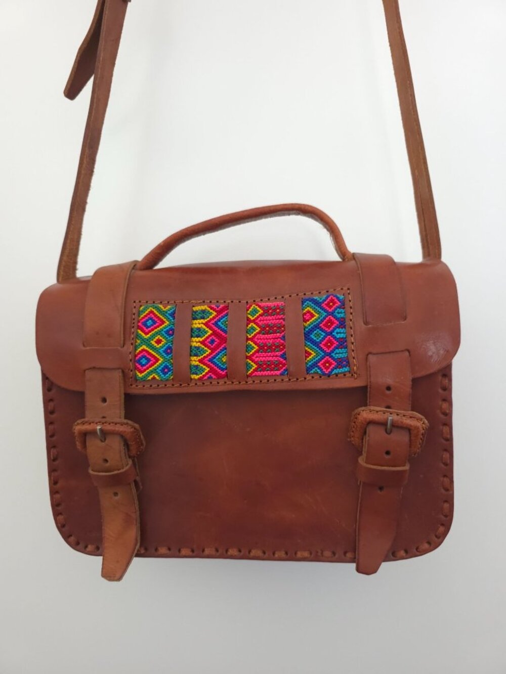 Mexican Handmade Brown Leather Crossbody Satchel Bag w/ Colorful Woven Accent - Picture 2 of 8